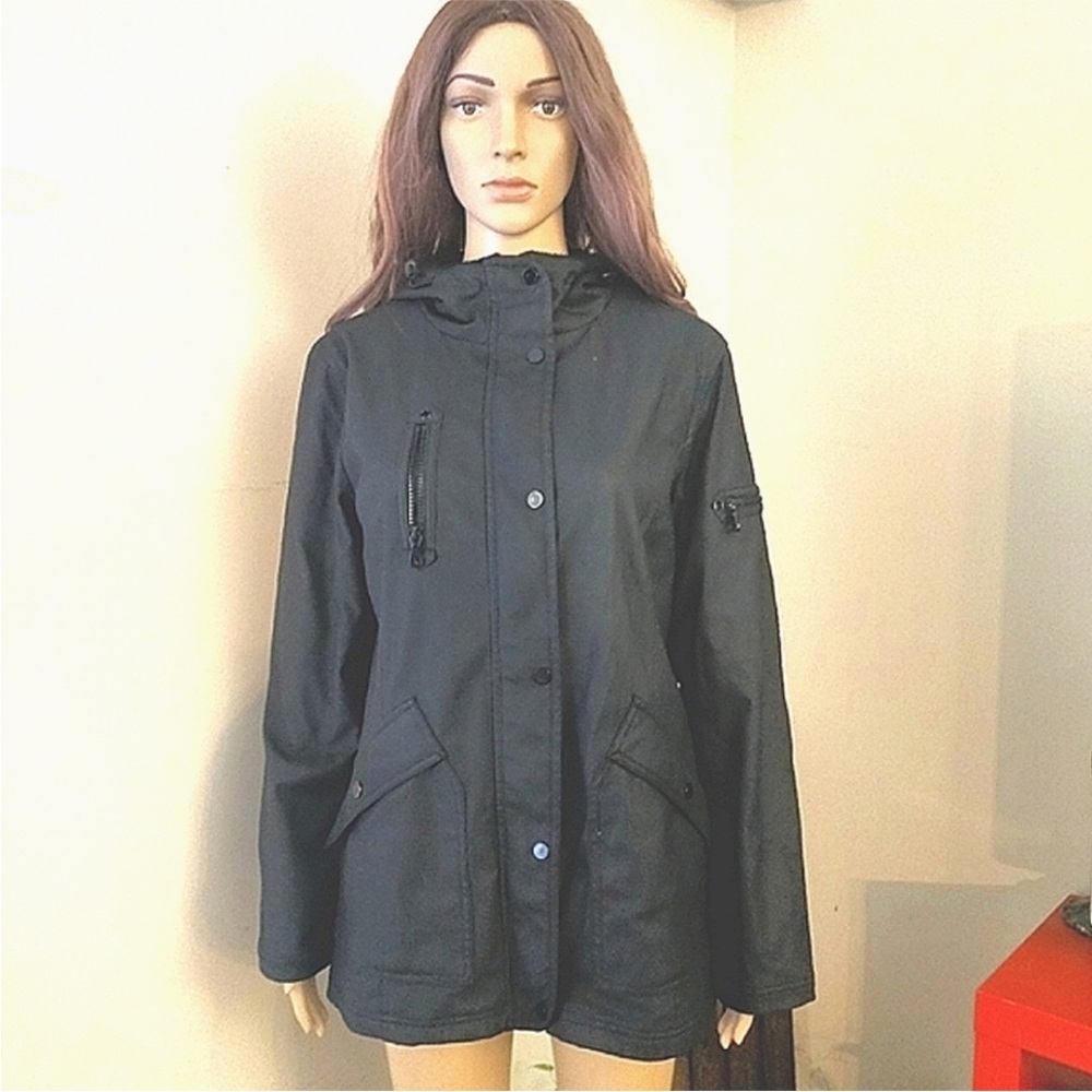 London Fog coat Medium Black Button Down Jacket Hooded Sweater